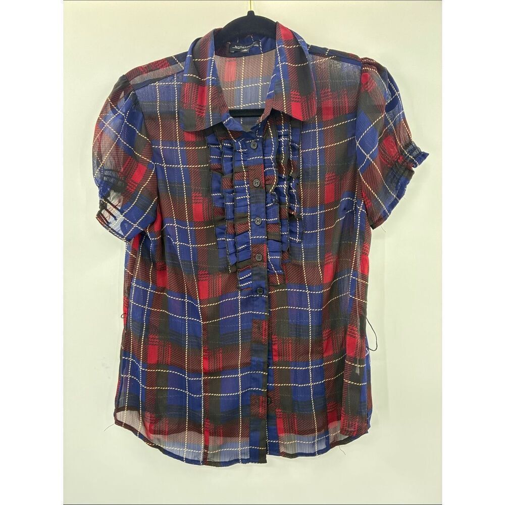 3For$20 Notations Blue & Red Plaid Ruffle Short Sleeve Blouse size M
